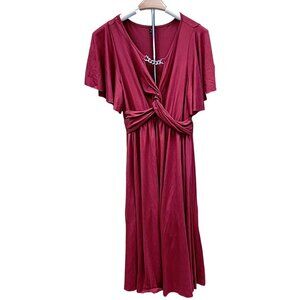 Burgundy V-neck Dress Flowy Midi Stretchy Soft Silver Tone Chain Detail